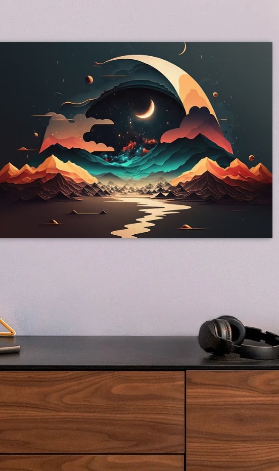 Cosmic Landscape with Crescent Moon