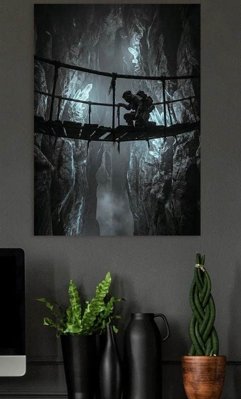 Figure on a Rope Bridge in a Crystal Cave